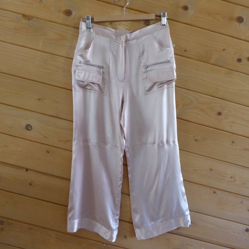 Best Mountain Baby Blush Pink 100% Silk Ankle Crop Cargo Shiny Pants Wide Leg